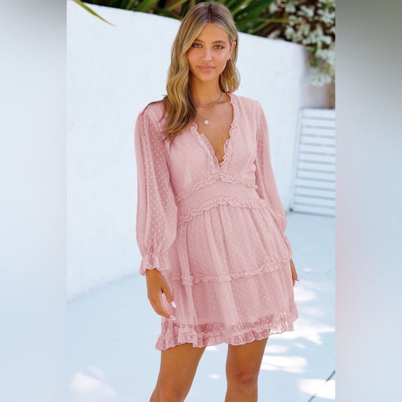 Swiss Dot Frill V-Neck Mini Dress - Picture 1 of 4